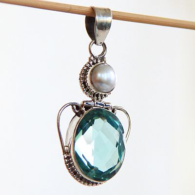 Akvamarin med pärla smycke hänge .925 Sterling silver 5,1cm