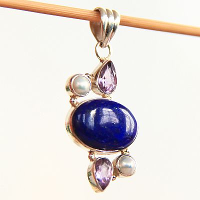 Lapis lazuli, ametist och pärlor smycke hänge i .925 silver 4,5 cm