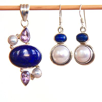 Lapis lazuli, ametist, pärlor smycke set hänge och örhängen i .925 silver